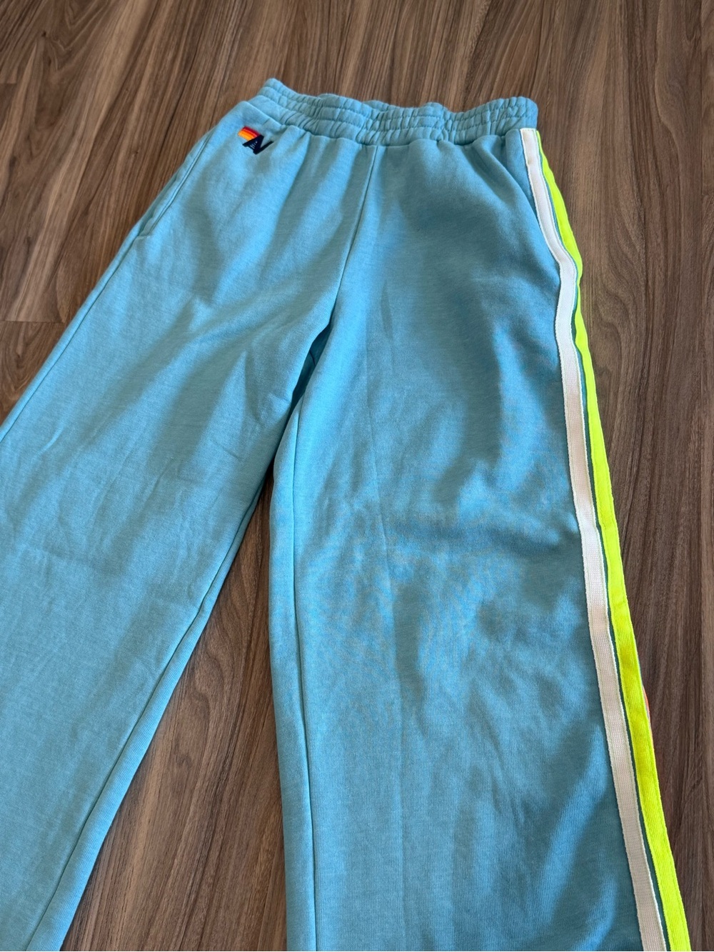 Aviator Nation 5 Stripe Wide Leg Pocket Sweatpants - Aqua / White Neon - Picture 6 of 15